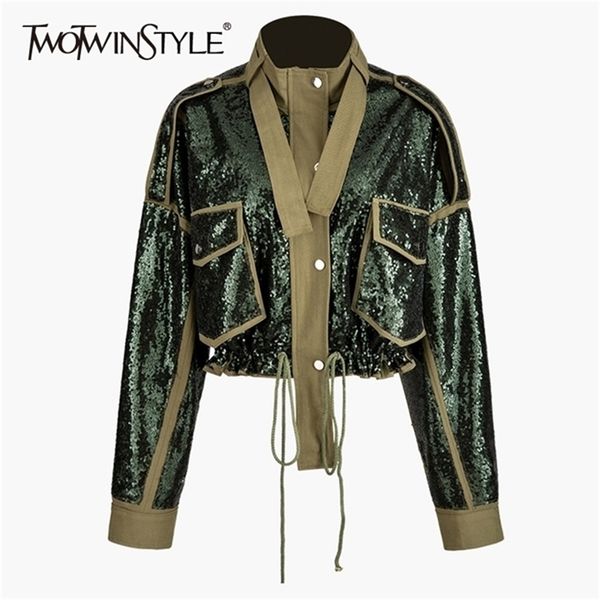 twotwinstyle patchwork sequins lace up women's coats turtleneck long sleeve hit color jacket for female fashion clothes 201210, Black;brown
twotwinstyle patchwork sequins lace up women's coats turtleneck long sleeve hit color jacket for female fashion clothes 201210, Black;brown