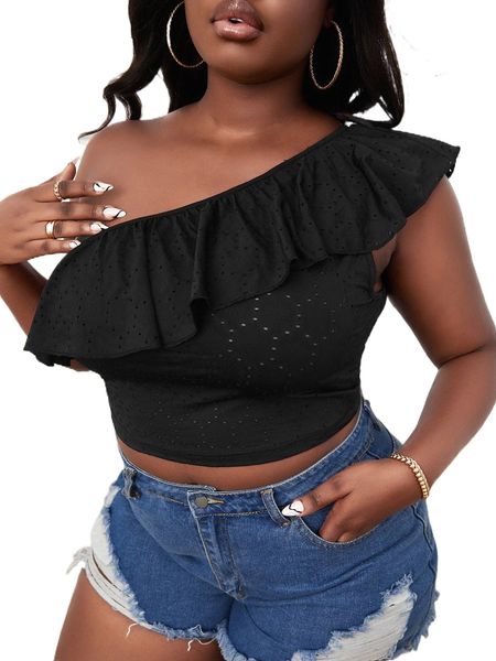 plus one shoulder ruffle trim schiffy q4t8#, Black
plus one shoulder ruffle trim schiffy q4t8#, Black