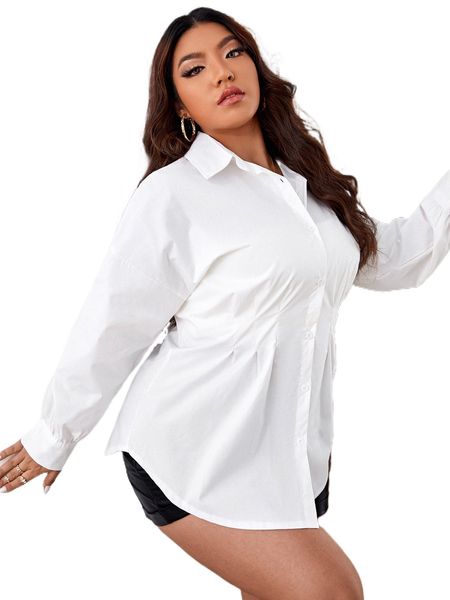 frenchy plus solid drop shoulder button up blouse y5v7#, Black 
frenchy plus solid drop shoulder button up blouse y5v7#, Black