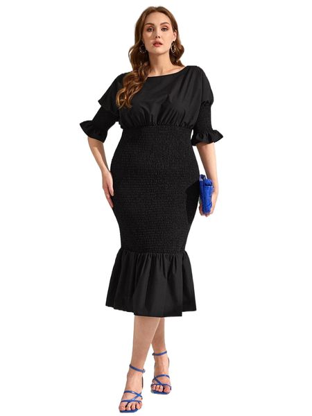 plus shirred flounce sleeve mermaid hem bodycon dress y5sw#, Black
plus shirred flounce sleeve mermaid hem bodycon dress y5sw#, Black