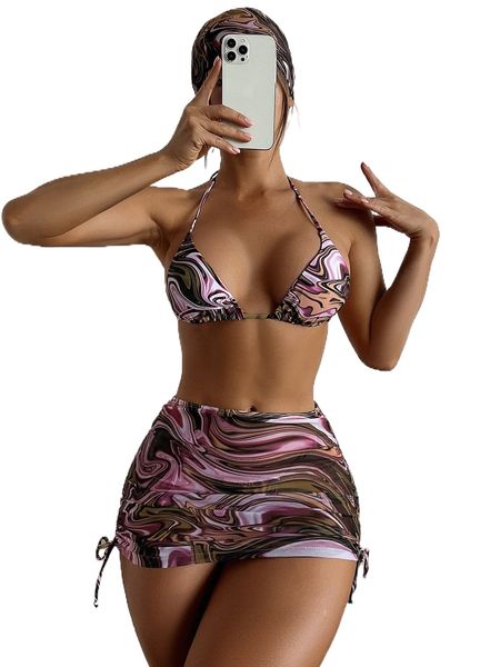 marble print bikini swimsuit with beach skirt & bandana w8ba#, White;black 
marble print bikini swimsuit with beach skirt & bandana w8ba#, White;black