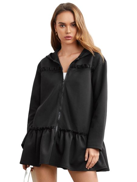 frill trim ruffle hem coat t9qi#, Black