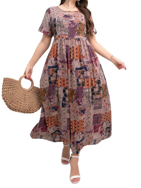 plus patchwork print smock dress r5f5#, Black 
plus patchwork print smock dress r5f5#, Black