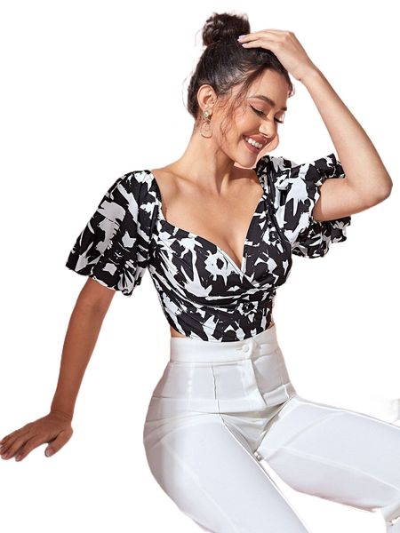 x westinwalker allover print sweetheart neck puff sleeve shirred back blouse z8q4#, White
x westinwalker allover print sweetheart neck puff sleeve shirred back blouse z8q4#, White