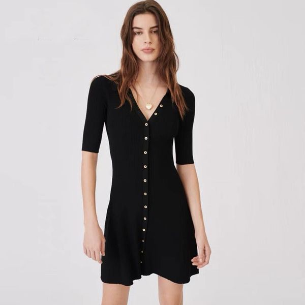 ladies knit dress casual pit strip knit v neck slim high waist metal button shirt little black dress qz0631, Black;gray
ladies knit dress casual pit strip knit v neck slim high waist metal button shirt little black dress qz0631, Black;gray