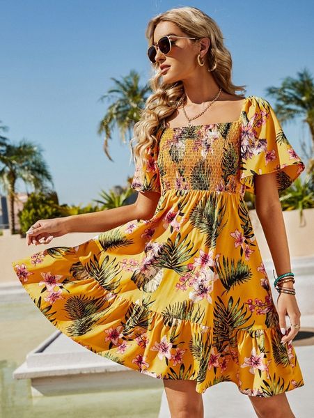 floral flounce sleeve shirred dress m1t4#, Black;gray 
floral flounce sleeve shirred dress m1t4#, Black;gray