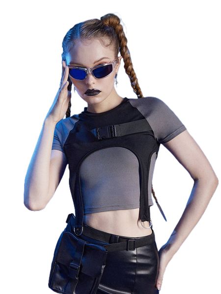 romwe cyber luvr color-block buckled contrast strap tee j6ae#, White
romwe cyber luvr color-block buckled contrast strap tee j6ae#, White