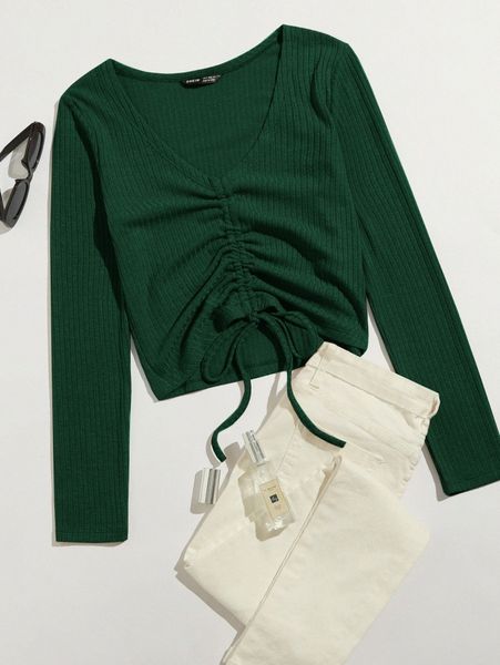 drawstring front rib-knit tee k4tf#, White
drawstring front rib-knit tee k4tf#, White