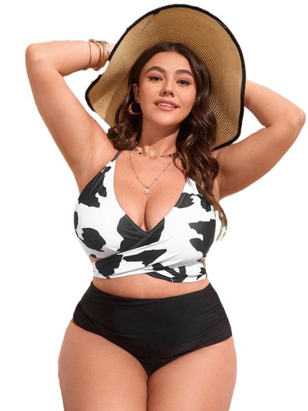 plus cow print wrap tie back halter high waist bikini swimsuit n6hi#, White;black
plus cow print wrap tie back halter high waist bikini swimsuit n6hi#, White;black