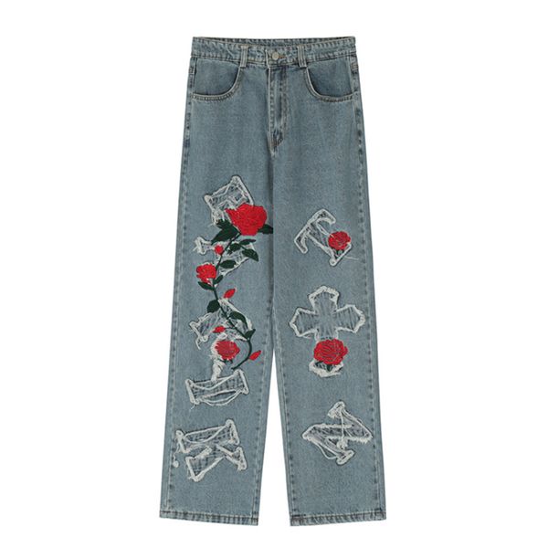 korean style streetwear rose cross embroidered men jeans trousers y2k vintage distressed high street loose straight denim pants, Black
korean style streetwear rose cross embroidered men jeans trousers y2k vintage distressed high street loose straight denim pants, Black