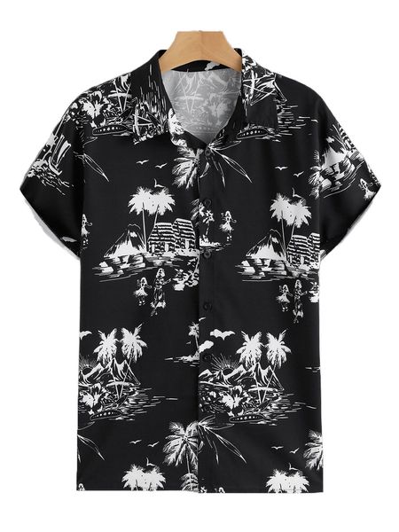 men figure & palm tree print shirt n1rr#, White;black