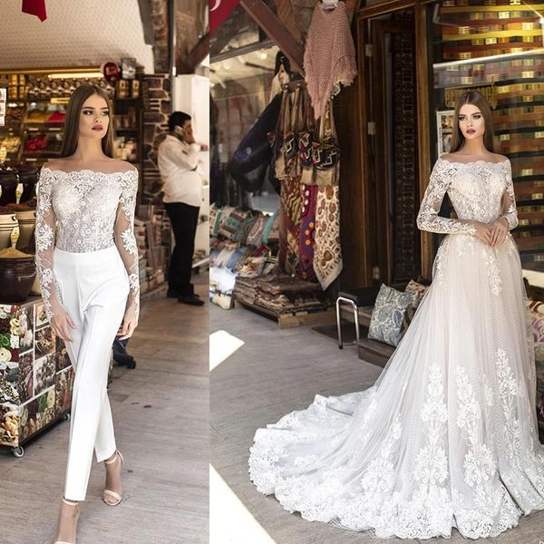 wedding jumpsuits with detachable skirt gorgeous 2 pieces long sleeves bridal gown removable train plus size modest bateau bes121, White
wedding jumpsuits with detachable skirt gorgeous 2 pieces long sleeves bridal gown removable train plus size modest bateau bes121, White
