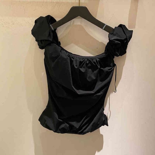 women's tanks camis french minority spring summer one line collar bubble sleeve black vest suspender short pleated slim women, White 
women's tanks camis french minority spring summer one line collar bubble sleeve black vest suspender short pleated slim women, White