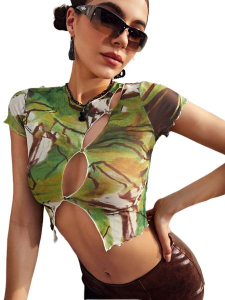 tie dye o-ring cut out drop shoulder lettuce trim tee v7kv#, White 
tie dye o-ring cut out drop shoulder lettuce trim tee v7kv#, White