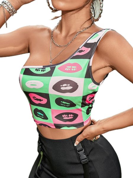 one shoulder mouth print m2qx#, White 
one shoulder mouth print m2qx#, White