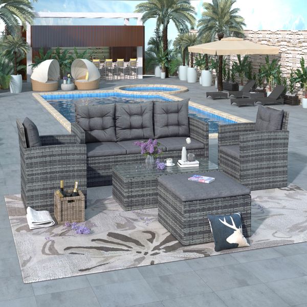 outdoor uv protection patio sofa set with storage bench pe wicker furniture cover with glass table
outdoor uv protection patio sofa set with storage bench pe wicker furniture cover with glass table