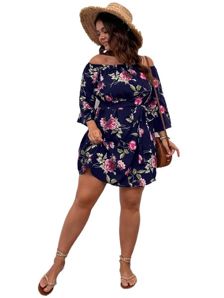 plus floral print off shoulder belted dress f271#, Black