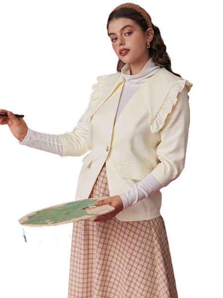 flap detail single button ruffle trim coat v3o8#, Black