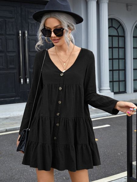 single breasted ruffle hem smock dress z0jj#, Black;gray
single breasted ruffle hem smock dress z0jj#, Black;gray