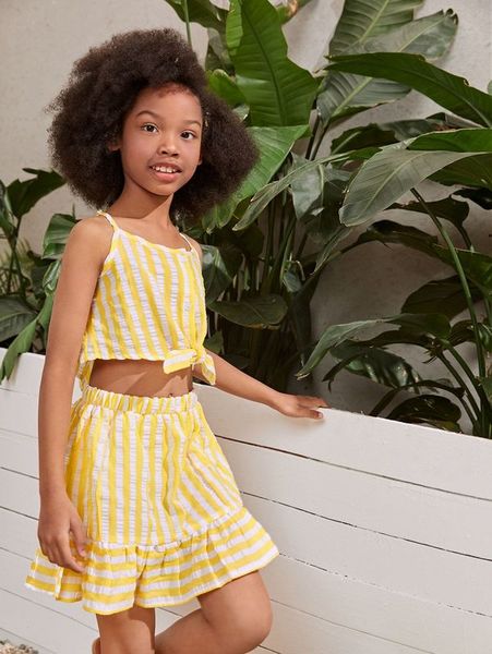 girls two tone striped knot hem crop cami & ruffle hem skirt set she, White
girls two tone striped knot hem crop cami & ruffle hem skirt set she, White