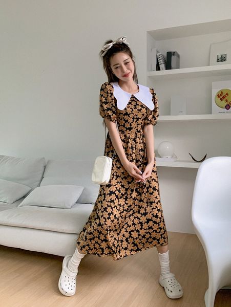 dazy allover floral print puff sleeve babydoll dress h7os#, Black;gray