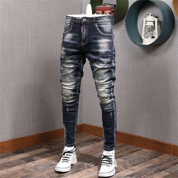 fashion streetwear men jeans slim fit elastic destroyed ripped denim trousers painted spliced designer hip hop punk biker pants 220425, Blue
fashion streetwear men jeans slim fit elastic destroyed ripped denim trousers painted spliced designer hip hop punk biker pants 220425, Blue