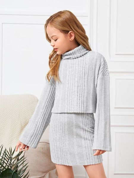 girls rib knit funnel neck tee & skirt she, White