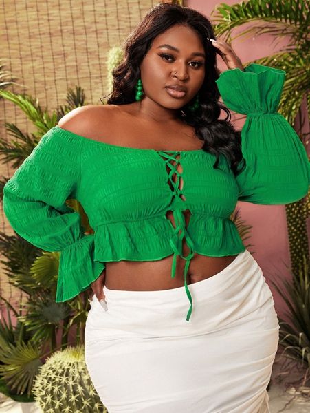 sxy plus off shoulder flounce cuff lace up front crop blouse h4lw#, Black