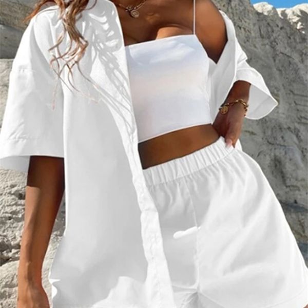 summer casual ladies 2 piece fashion short sleeve lapel cardigan and elastic waist pocket shorts set solid loose women suit 220611, White
summer casual ladies 2 piece fashion short sleeve lapel cardigan and elastic waist pocket shorts set solid loose women suit 220611, White