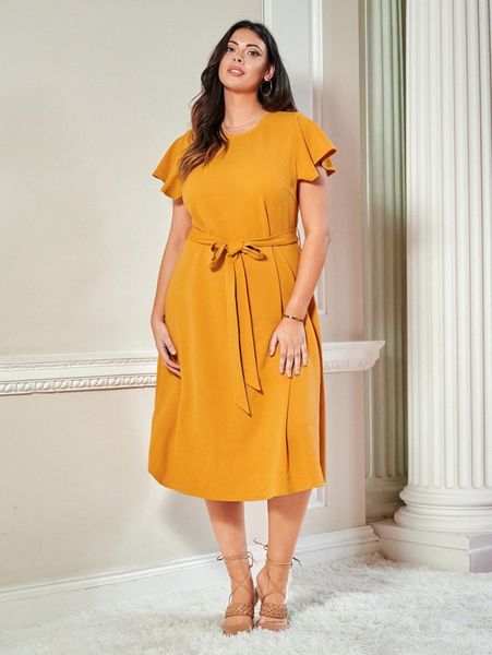 plus flutter sleeve keyhole back belted dress a692#, Black
plus flutter sleeve keyhole back belted dress a692#, Black