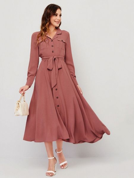 lapel collar flap pocket belted shirt dress 5017#, Black;gray