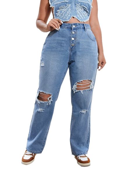 plus ripped frayed cut out jeans b9nf#, Blue 
plus ripped frayed cut out jeans b9nf#, Blue