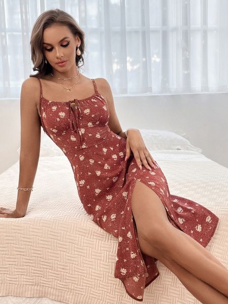 floral print tie front split thigh cami dress i2mf#, Black;gray