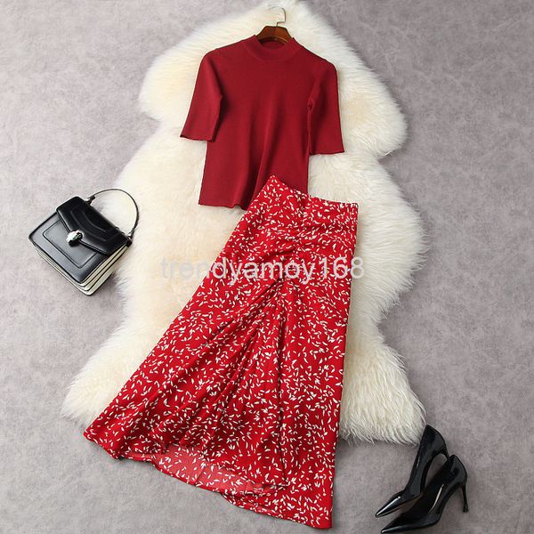women's two piece pants spring women's stand collar slim knit + high waist over knee printed skirt set 11865, White