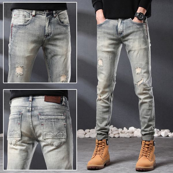 men's jeans designer handsome light grey scraped jeans men's 2022 spring and summer new slim fit small feet elastic straight pants, Blue
men's jeans designer handsome light grey scraped jeans men's 2022 spring and summer new slim fit small feet elastic straight pants, Blue