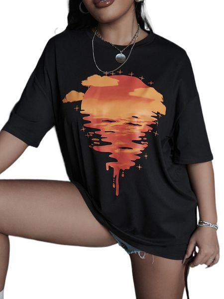 sun & cloud print drop shoulder tee n6g8#, White
sun & cloud print drop shoulder tee n6g8#, White