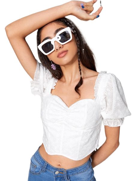 sweetheart neck puff sleeve ruched asymmetrical hem crop schiffy blouse e9ql#, White
sweetheart neck puff sleeve ruched asymmetrical hem crop schiffy blouse e9ql#, White