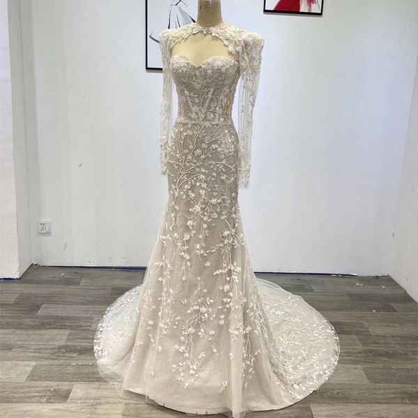 3d floral appliques mermaid wedding dress high neck long sleeve lace bride dresses robe de mariee bridal gowns real image, White
3d floral appliques mermaid wedding dress high neck long sleeve lace bride dresses robe de mariee bridal gowns real image, White