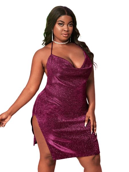 bae plus draped collar backless split thigh metallic halter dress z4e9#, Black
bae plus draped collar backless split thigh metallic halter dress z4e9#, Black