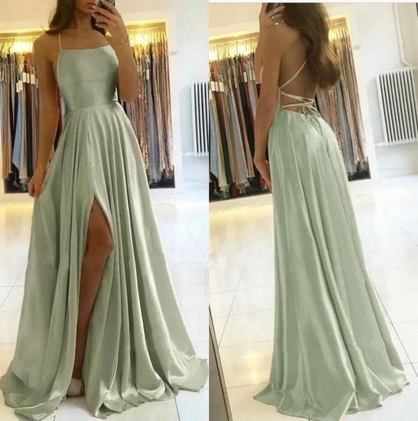 2022 Sexy Spaghetti Straps Satin Long Bridesmaid Dresses Split Side Mint Green Maid Of Honor Wedding Guest Plus Size Prom Dress BC9791 sxjun4