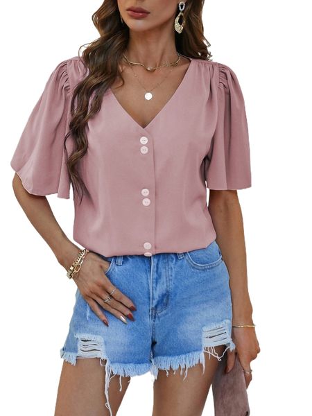 button front butterfly sleeve blouse w8df#, White 
button front butterfly sleeve blouse w8df#, White