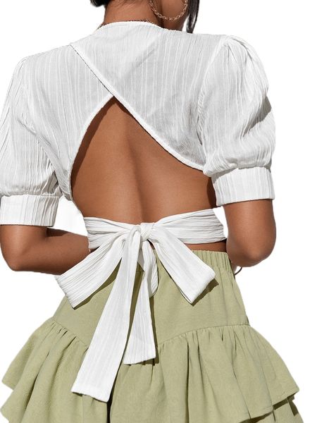cut out wrap knot back puff sleeve crop blouse q7zw#, White