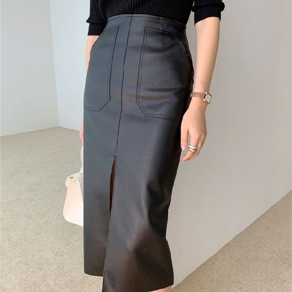 spring women pu leather skirts high waist pockets package hip skirt female front split zipper midi pencil skirts 210319, Black
spring women pu leather skirts high waist pockets package hip skirt female front split zipper midi pencil skirts 210319, Black