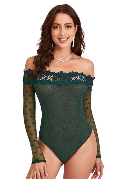 guipure lace appliques dobby mesh panel glitter bodysuit l3cl#, White