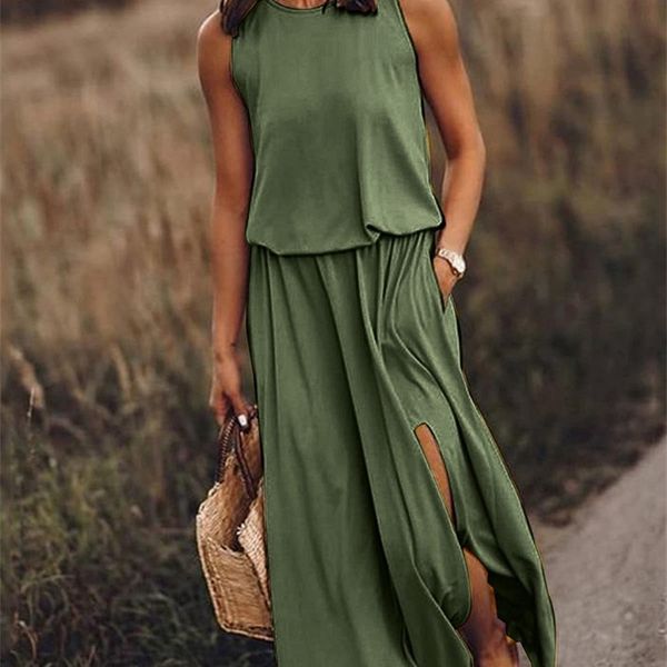 sleeveless long maxi dres summer casual side slit style fashion sundress female solid loose dress 220712, Black;gray
sleeveless long maxi dres summer casual side slit style fashion sundress female solid loose dress 220712, Black;gray