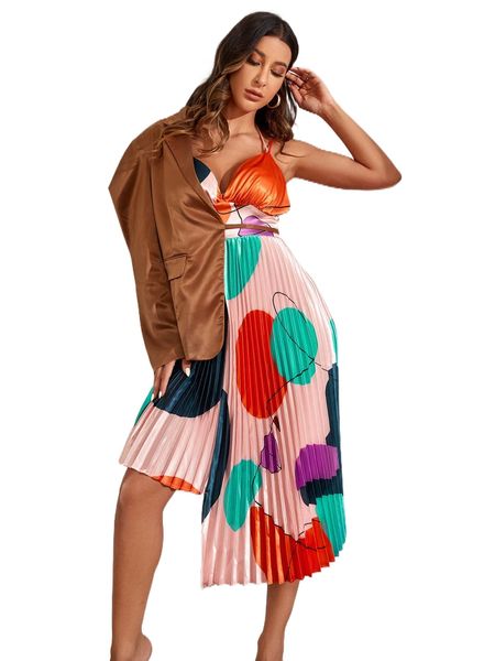x sayndo gigot sleeve satin blazer & graphic pleated cami dress set l0iz#, White
x sayndo gigot sleeve satin blazer & graphic pleated cami dress set l0iz#, White