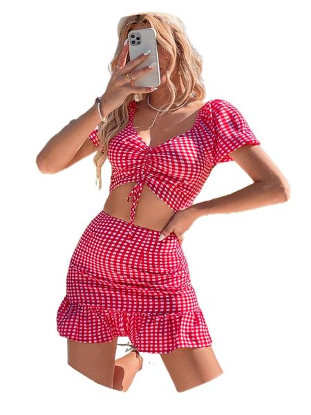 gingham knot hem shirred & ruffle hem skirt z6yh#, White