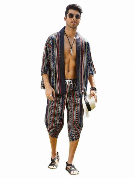 men random geo print kimono & shorts 16up#, Gray 
men random geo print kimono & shorts 16up#, Gray