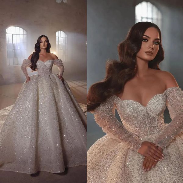 modern princess ball gown wedding dress full sequins off shoulder long sleeve bridal gowns custom beads puffy bride dresses, White
modern princess ball gown wedding dress full sequins off shoulder long sleeve bridal gowns custom beads puffy bride dresses, White