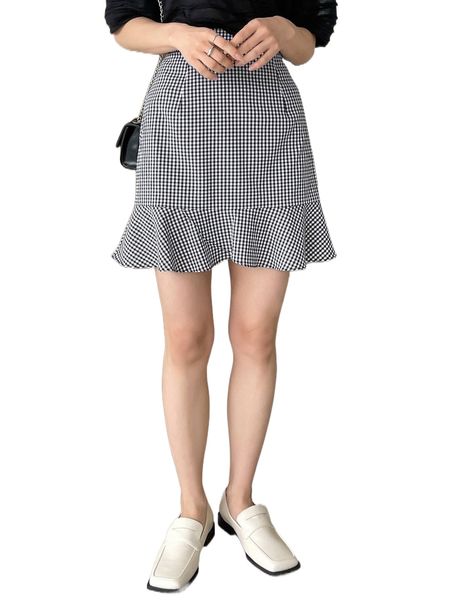 dazy gingham ruffle hem high waist skirt e81h#, Black